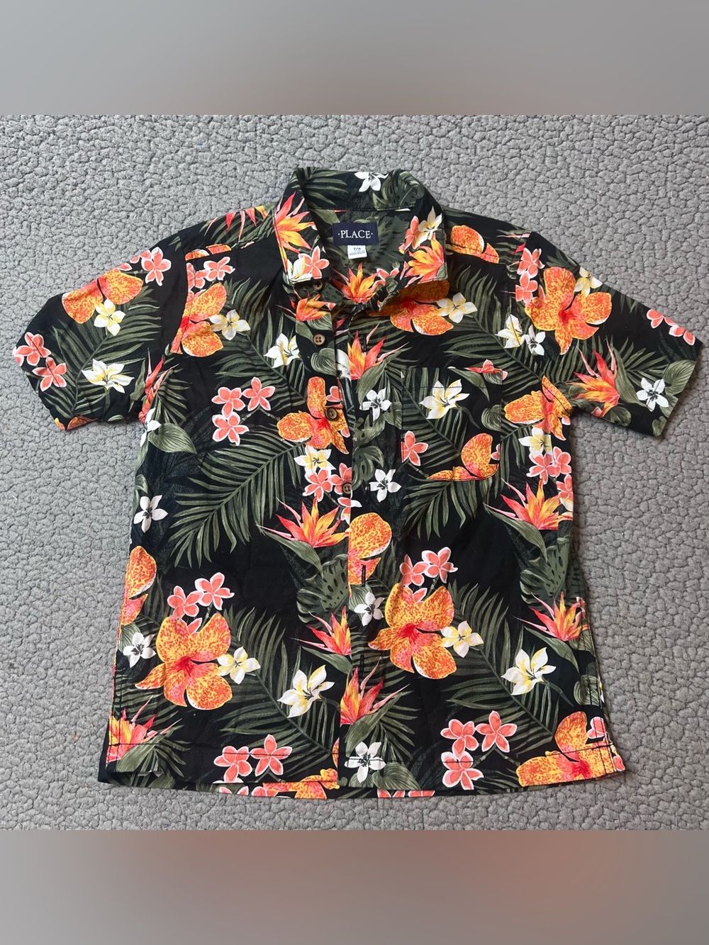 PLACE Hawaiian Tropical Floral Button Up Short Sleeve Boys Shirt Black 7/8